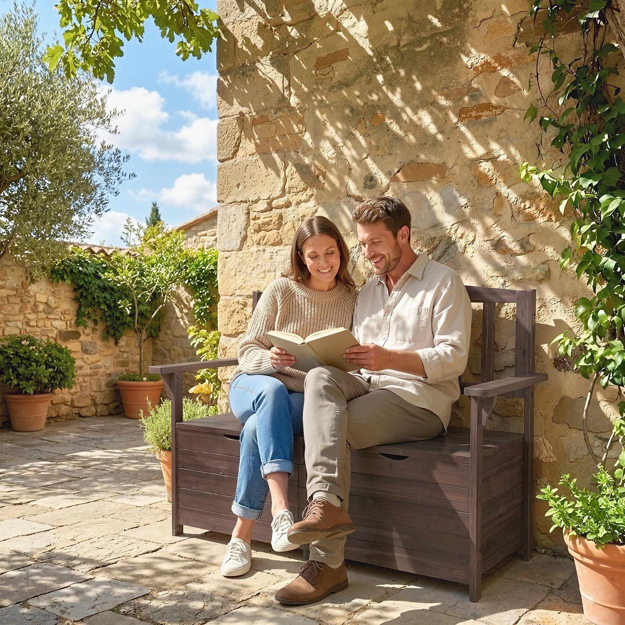 Fir Wood 2 Seater Garden Storage Bench - Velmora