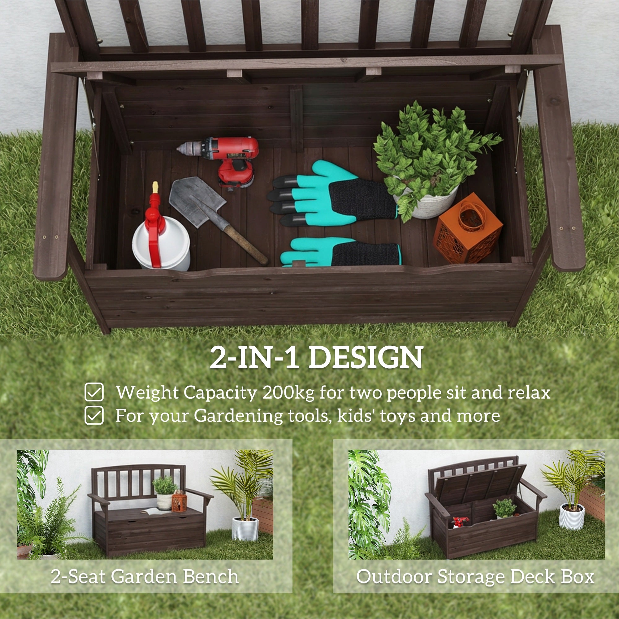 Fir Wood 2 Seater Garden Storage Bench - Velmora