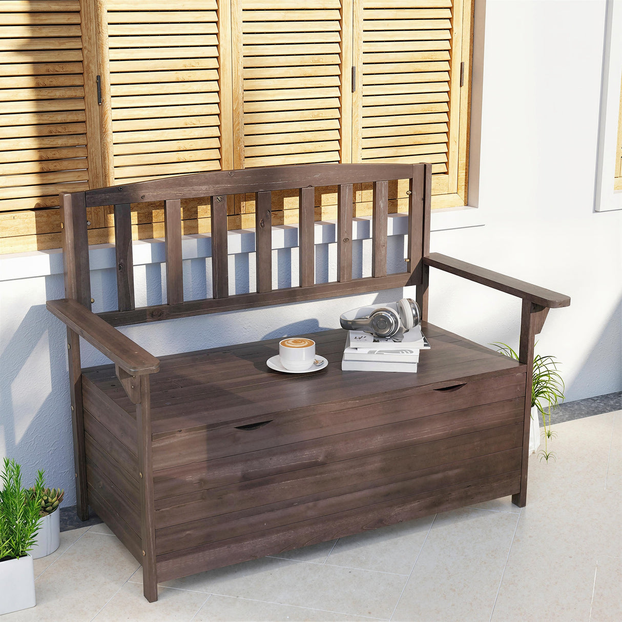 Fir Wood 2 Seater Garden Storage Bench - Velmora