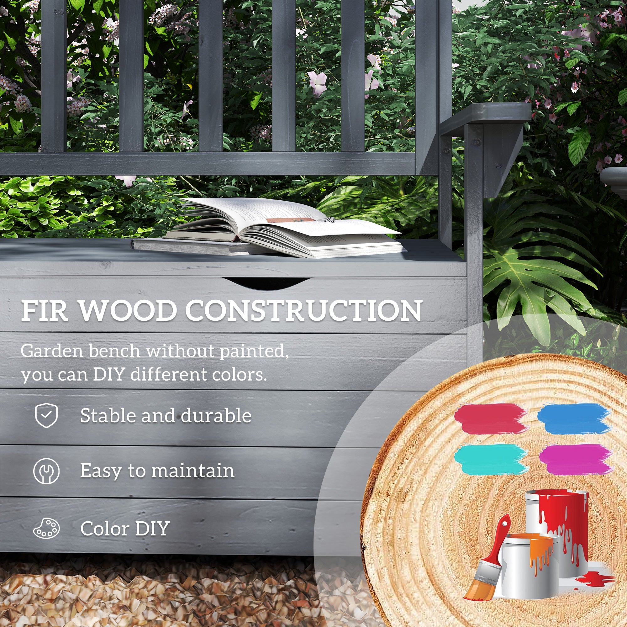 Fir Wood 2 Seater Garden Storage Bench - Velmora