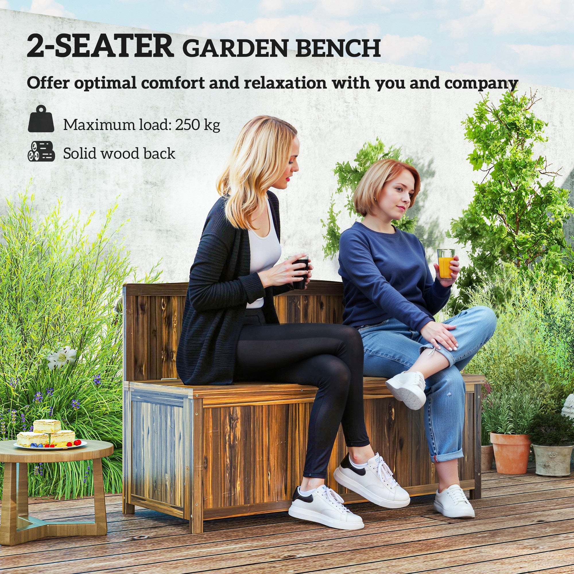 Fir Wood 2 Seater Outdoor Garden Storage Bench - Velmora
