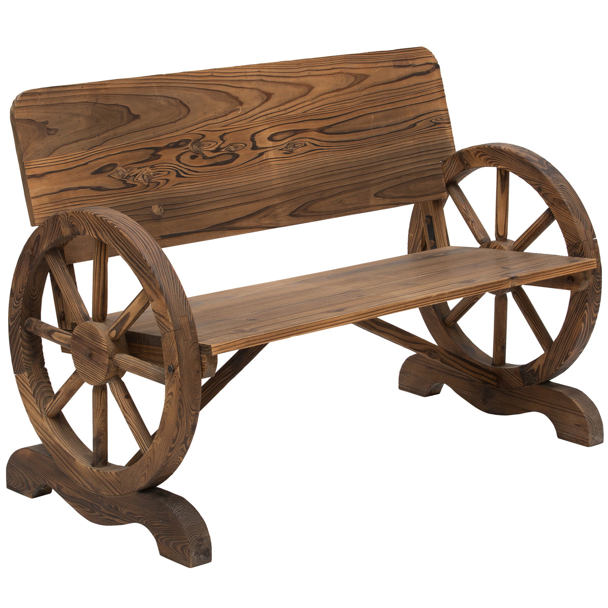 Fir Wood 2 Seater Outdoor Garden Wagon Wheel Bench - Velmora