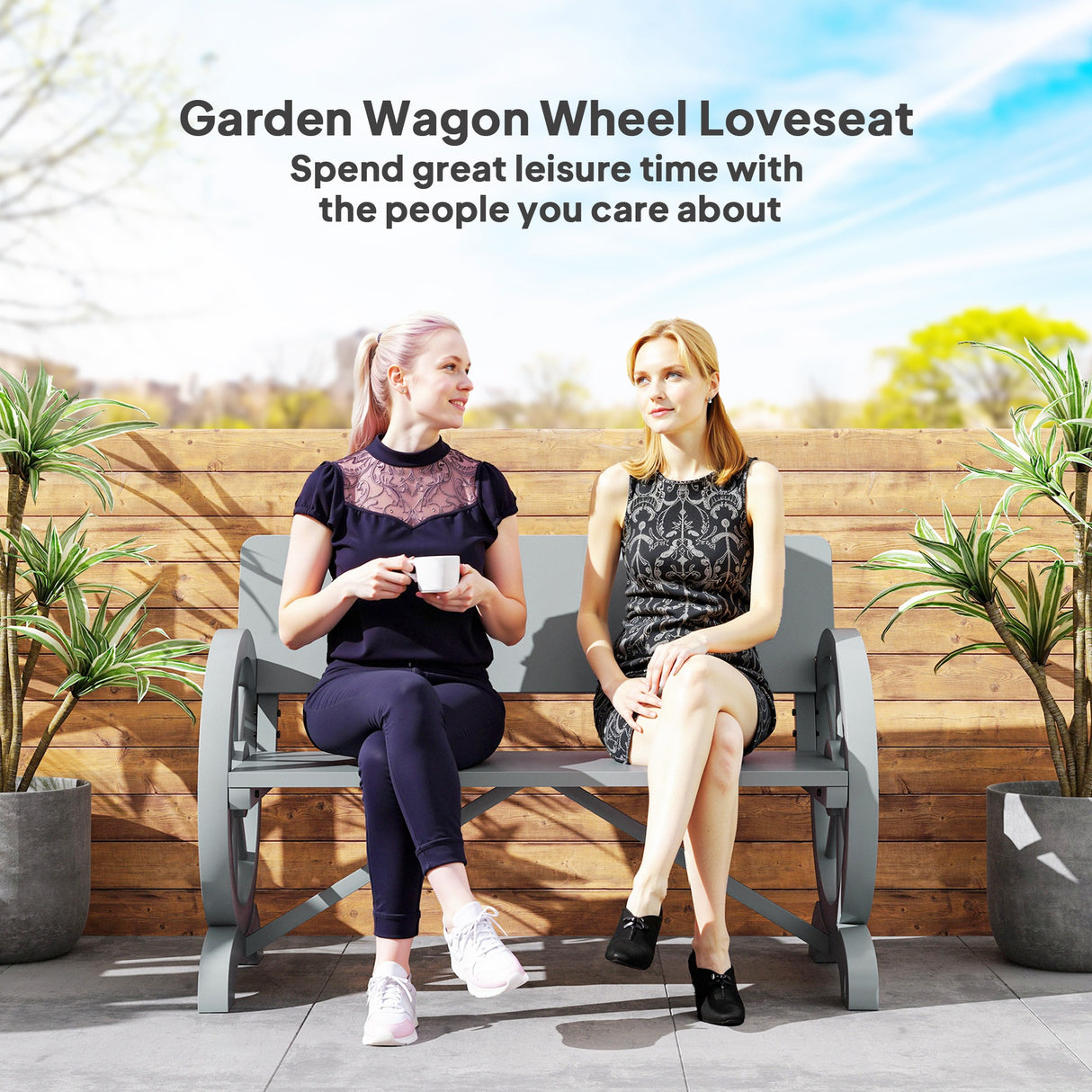 Fir Wood 2 Seater Outdoor Garden Wagon Wheel Bench - Velmora
