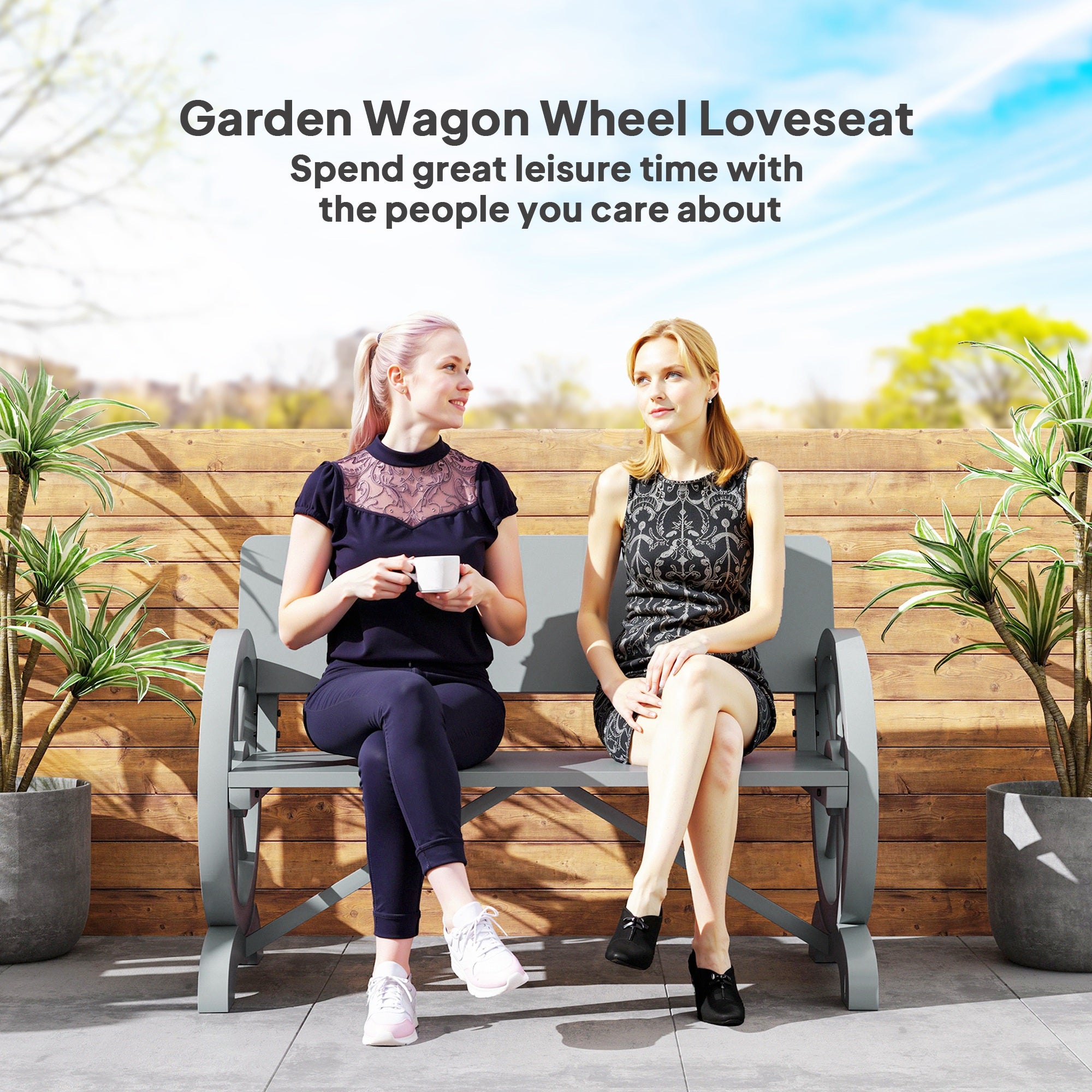 Fir Wood 2 Seater Outdoor Garden Wagon Wheel Bench - Velmora