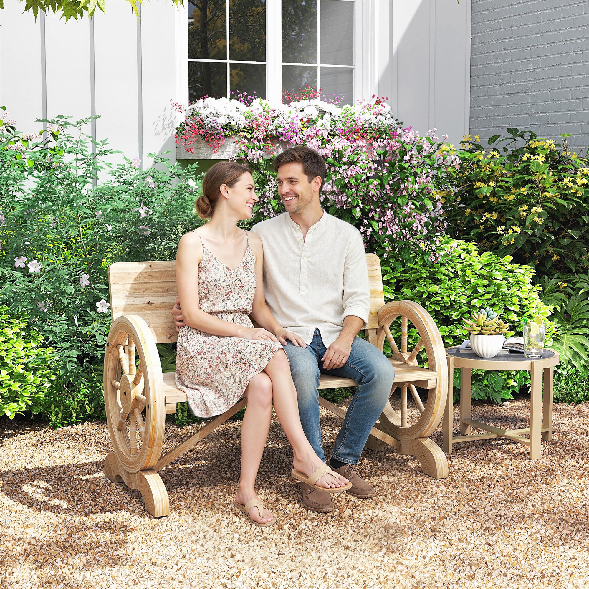 Fir Wood 2 Seater Outdoor Garden Wagon Wheel Bench - Velmora