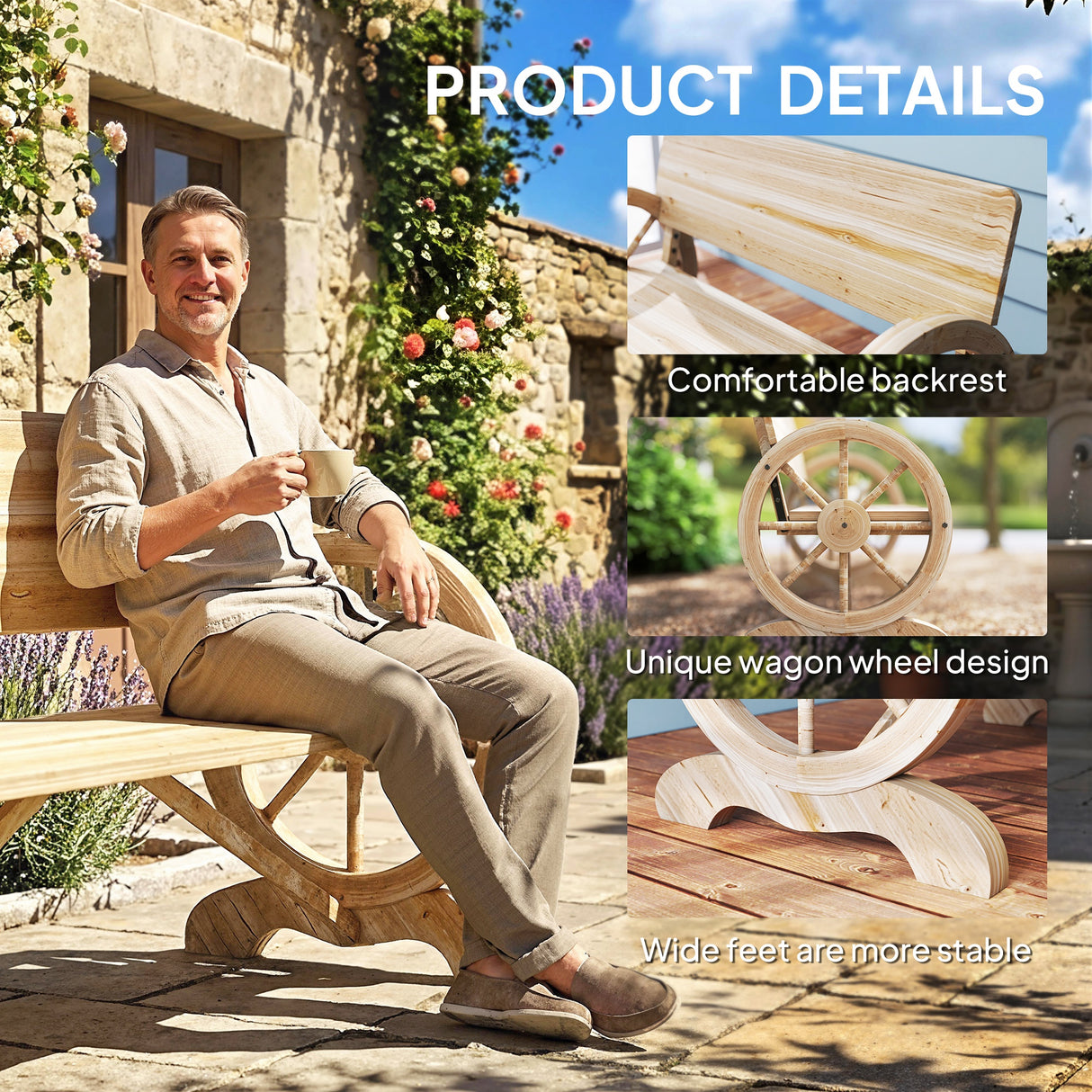 Fir Wood 2 Seater Outdoor Garden Wagon Wheel Bench - Velmora