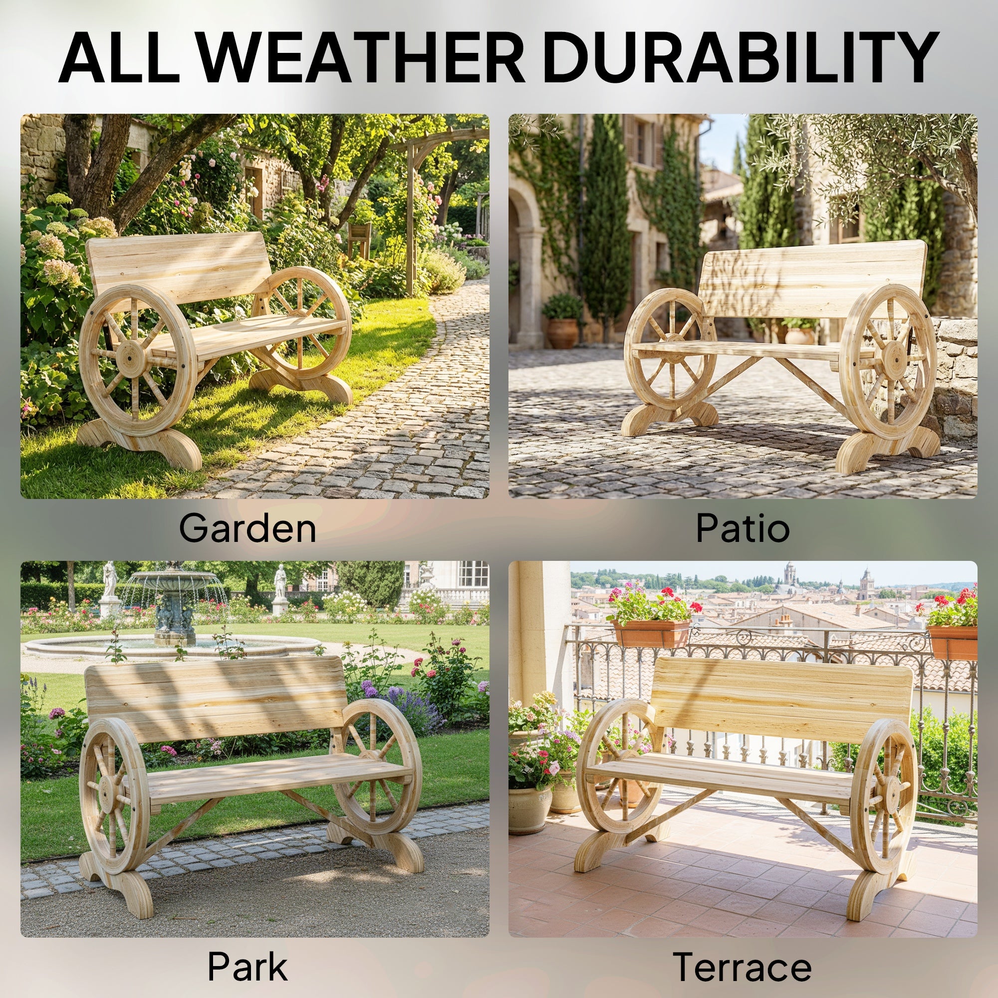 Fir Wood 2 Seater Outdoor Garden Wagon Wheel Bench - Velmora