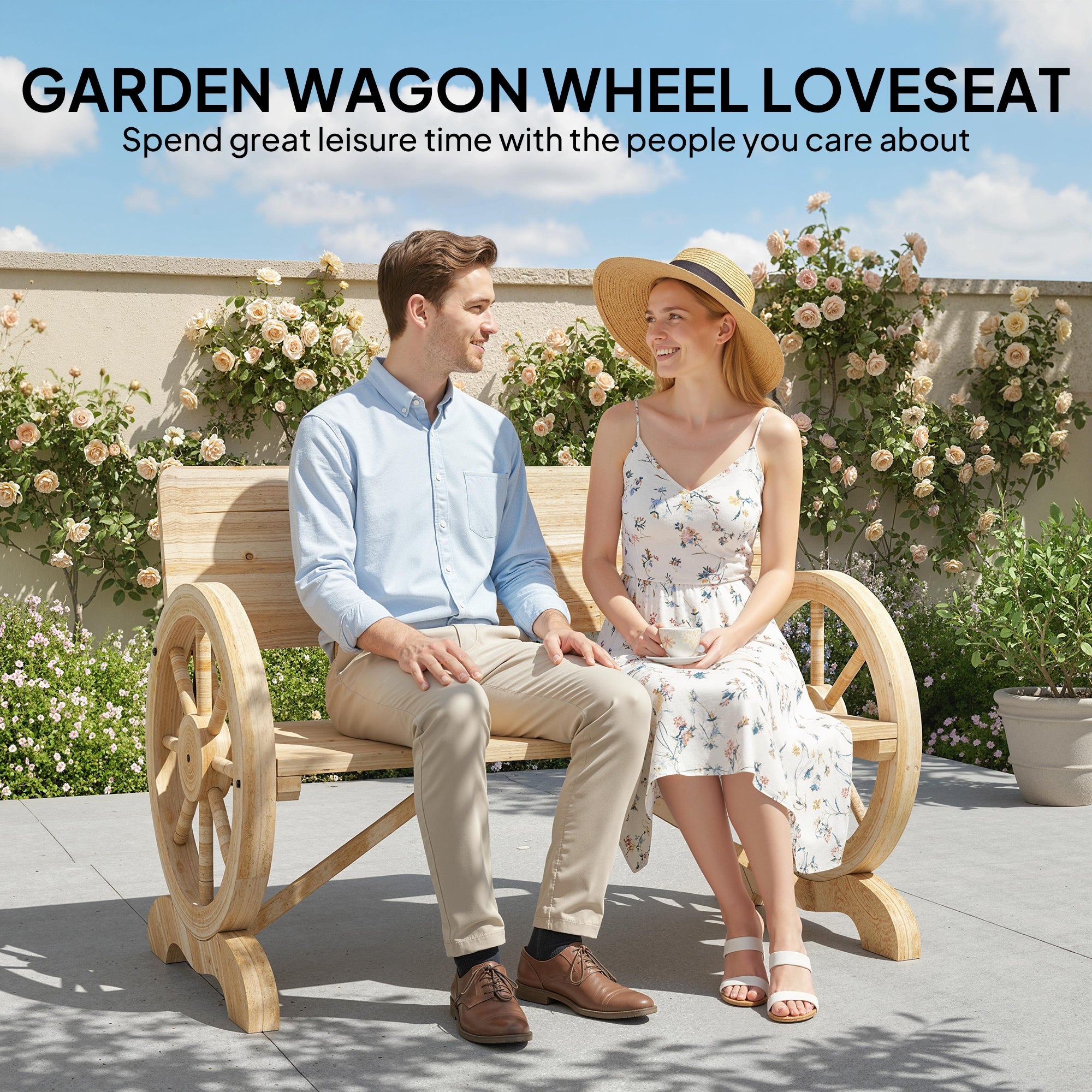 Fir Wood 2 Seater Outdoor Garden Wagon Wheel Bench - Velmora