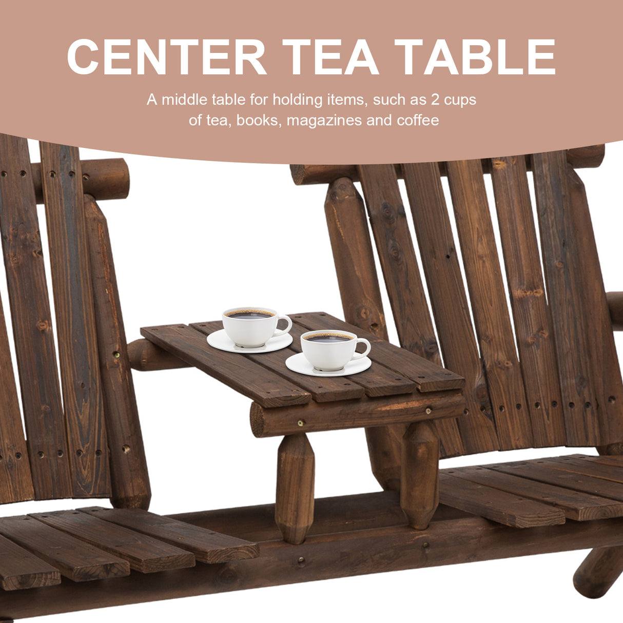 Fir Wood 2 Seats Patio Chair Garden Bench With Center Coffee Table - Velmora