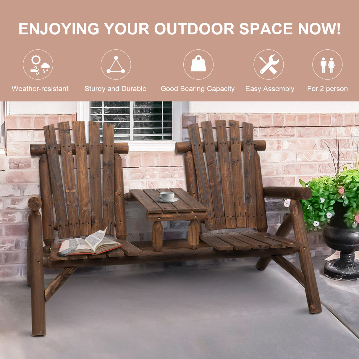 Fir Wood 2 Seats Patio Chair Garden Bench With Center Coffee Table - Velmora