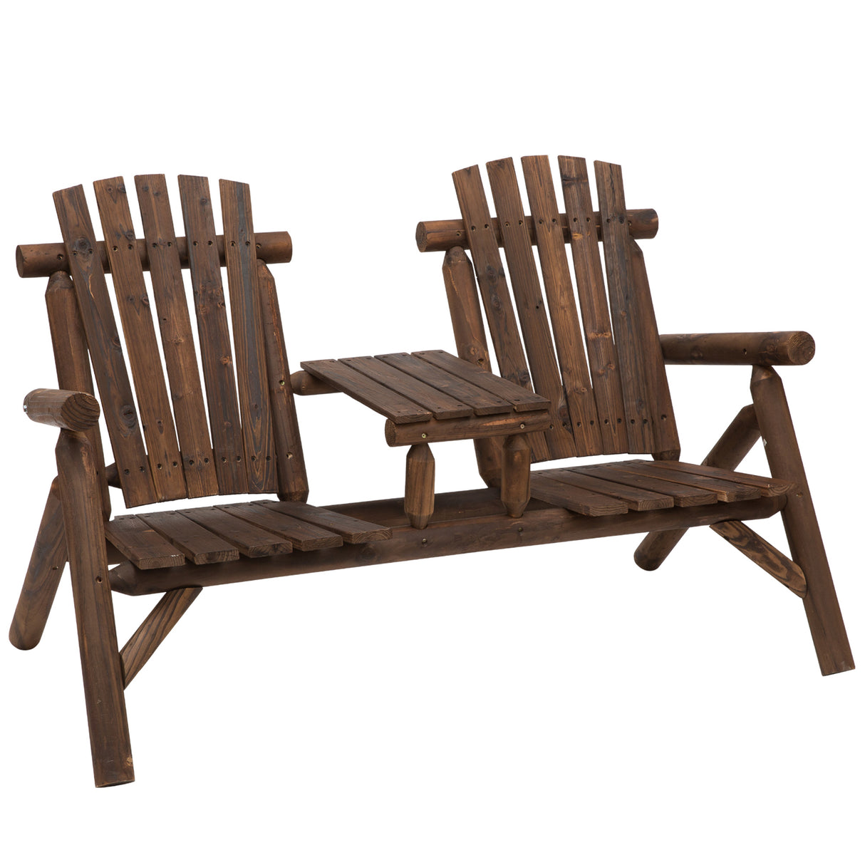 Fir Wood 2 Seats Patio Chair Garden Bench With Center Coffee Table - Velmora