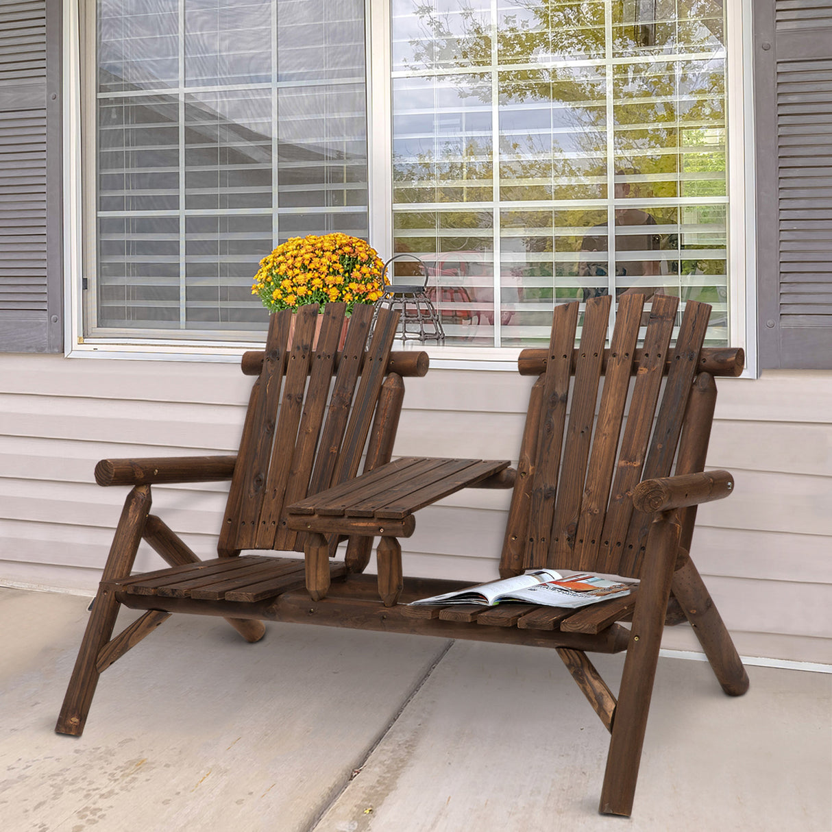 Fir Wood 2 Seats Patio Chair Garden Bench With Center Coffee Table - Velmora