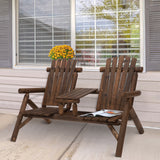 Fir Wood 2 Seats Patio Chair Garden Bench With Center Coffee Table - Velmora