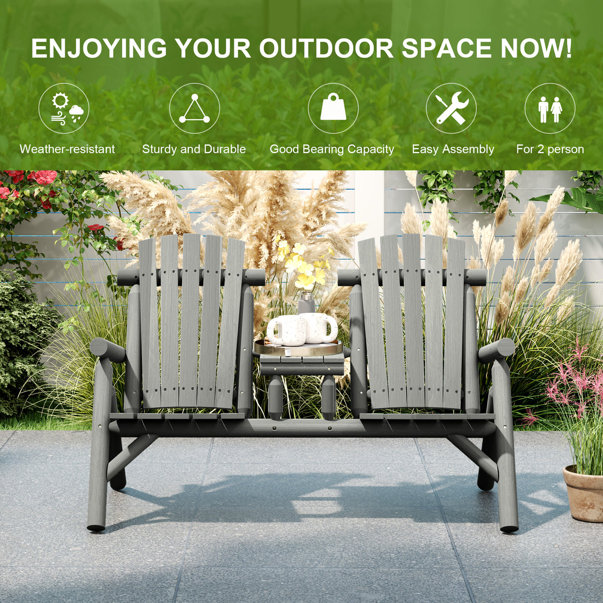 Fir Wood 2 Seats Patio Chair Garden Bench With Center Coffee Table - Velmora
