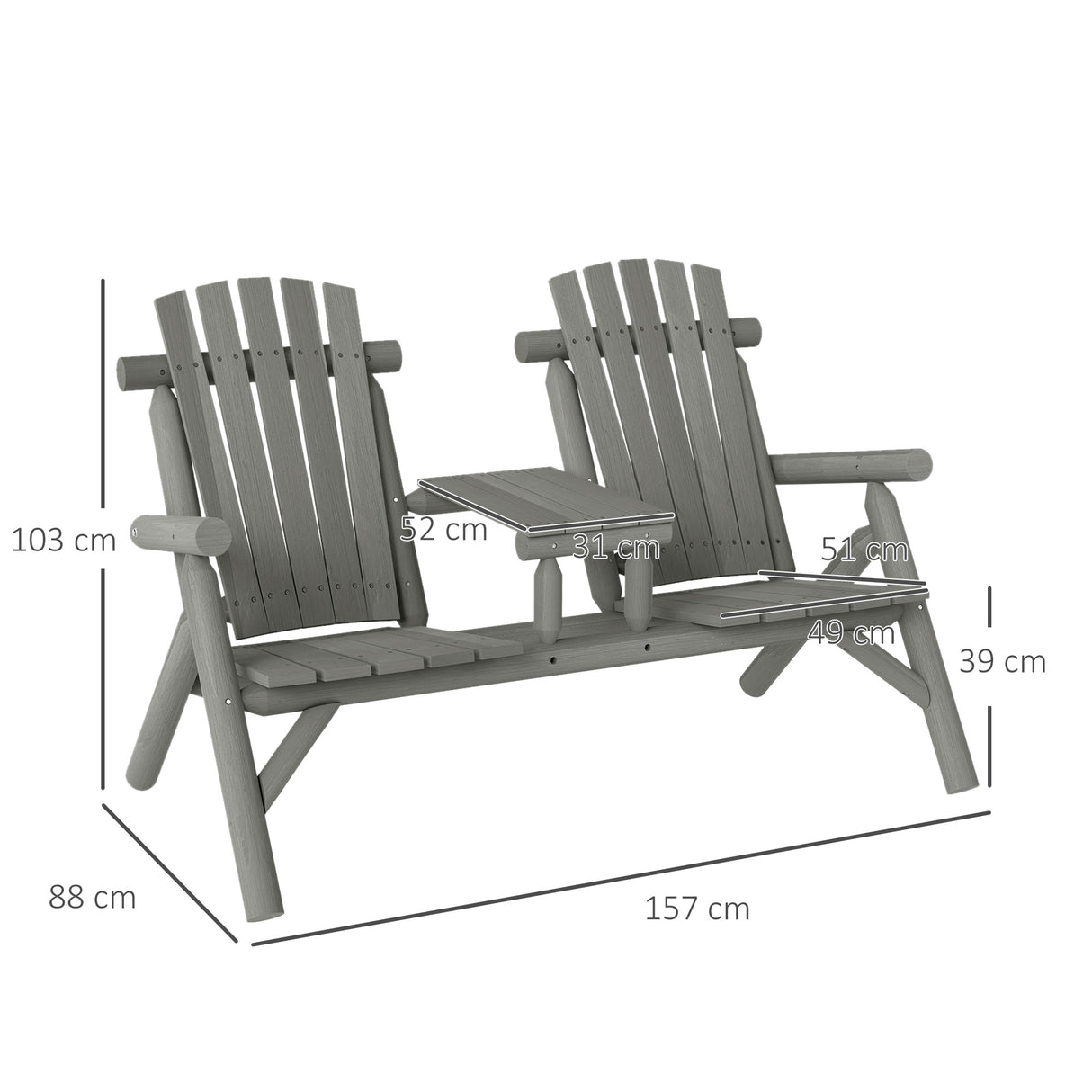 Fir Wood 2 Seats Patio Chair Garden Bench With Center Coffee Table - Velmora