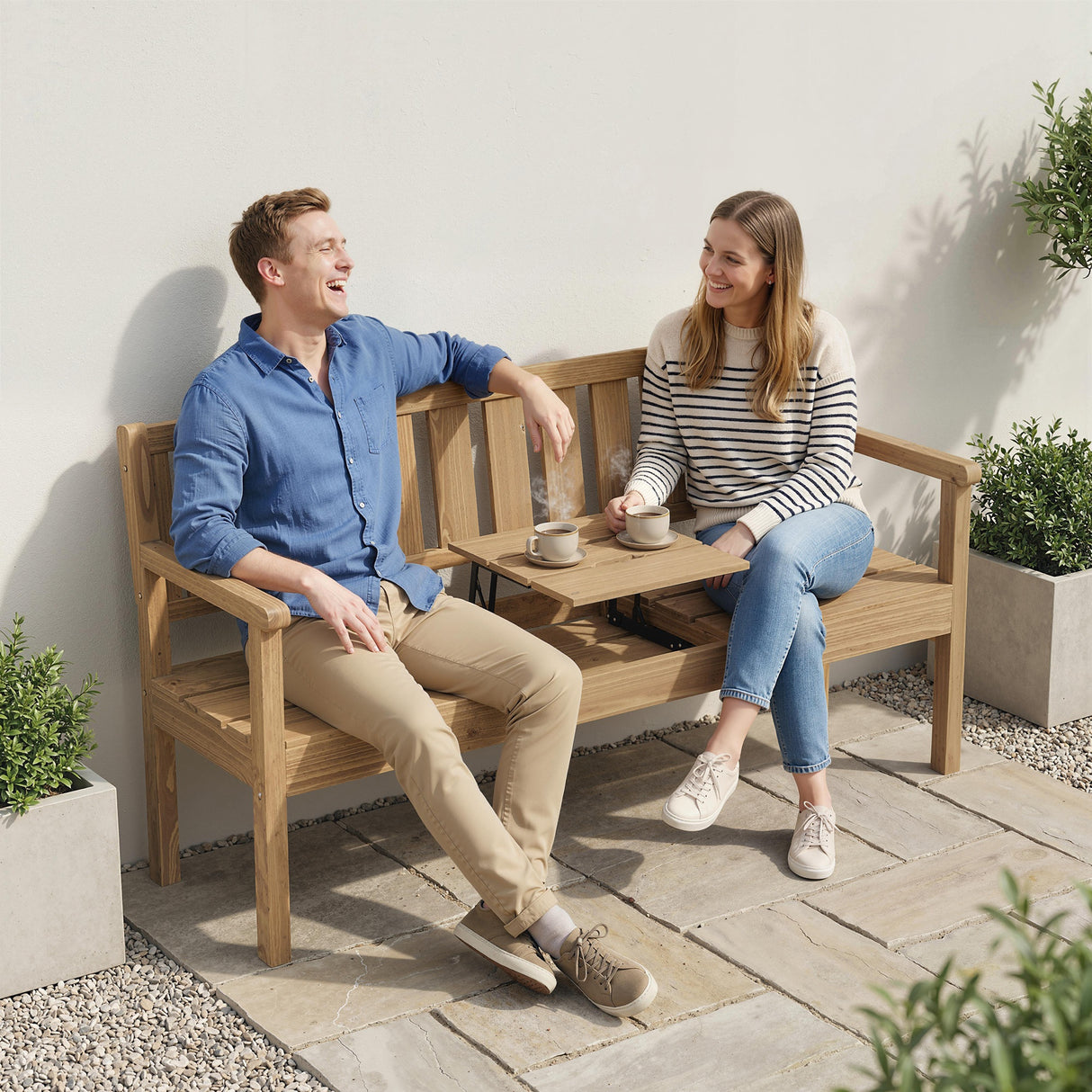 Fir Wood 2 to 3 Seater Garden Bench With Lifetable Table & Shelf - Velmora