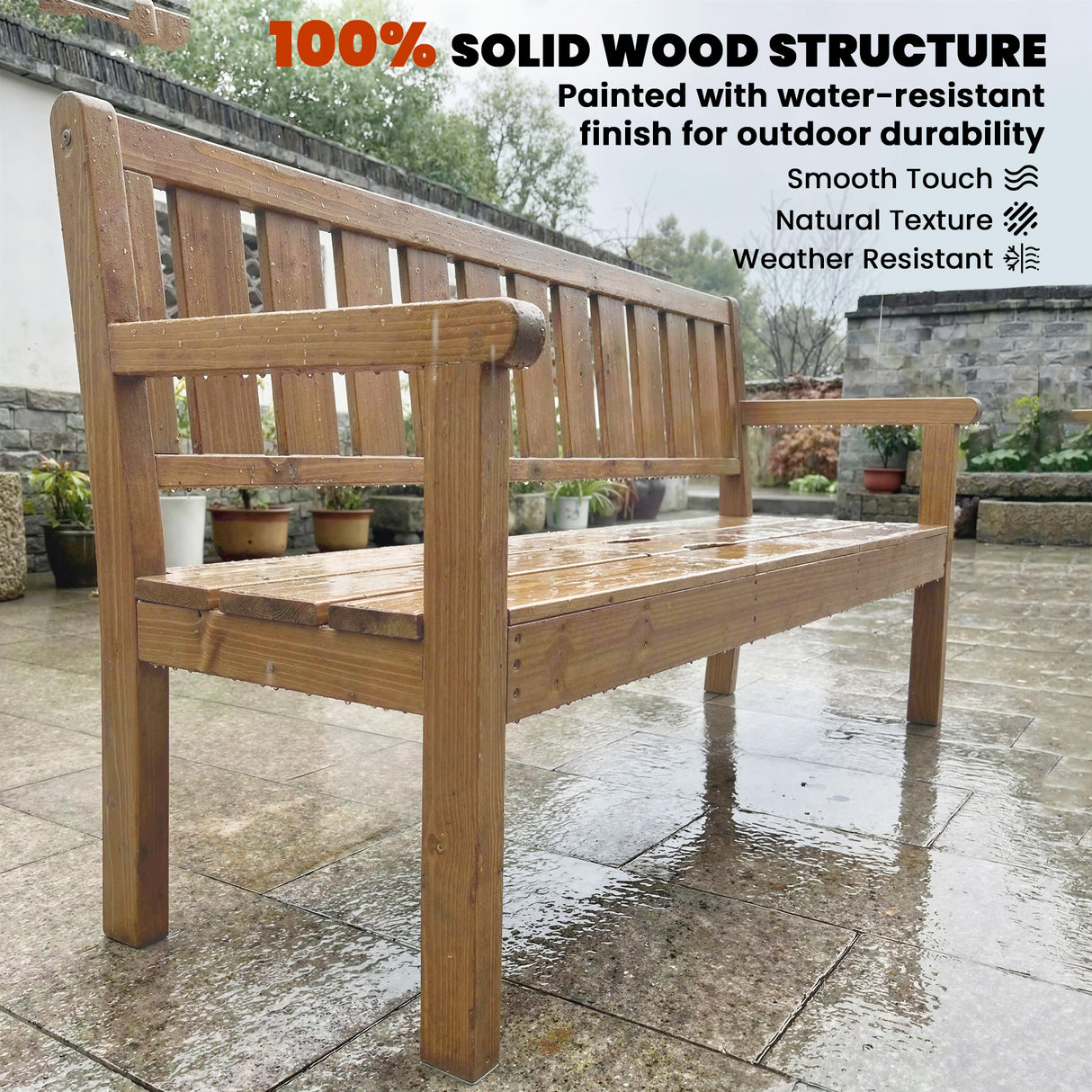 Fir Wood 2 to 3 Seater Garden Bench With Lifetable Table & Shelf - Velmora