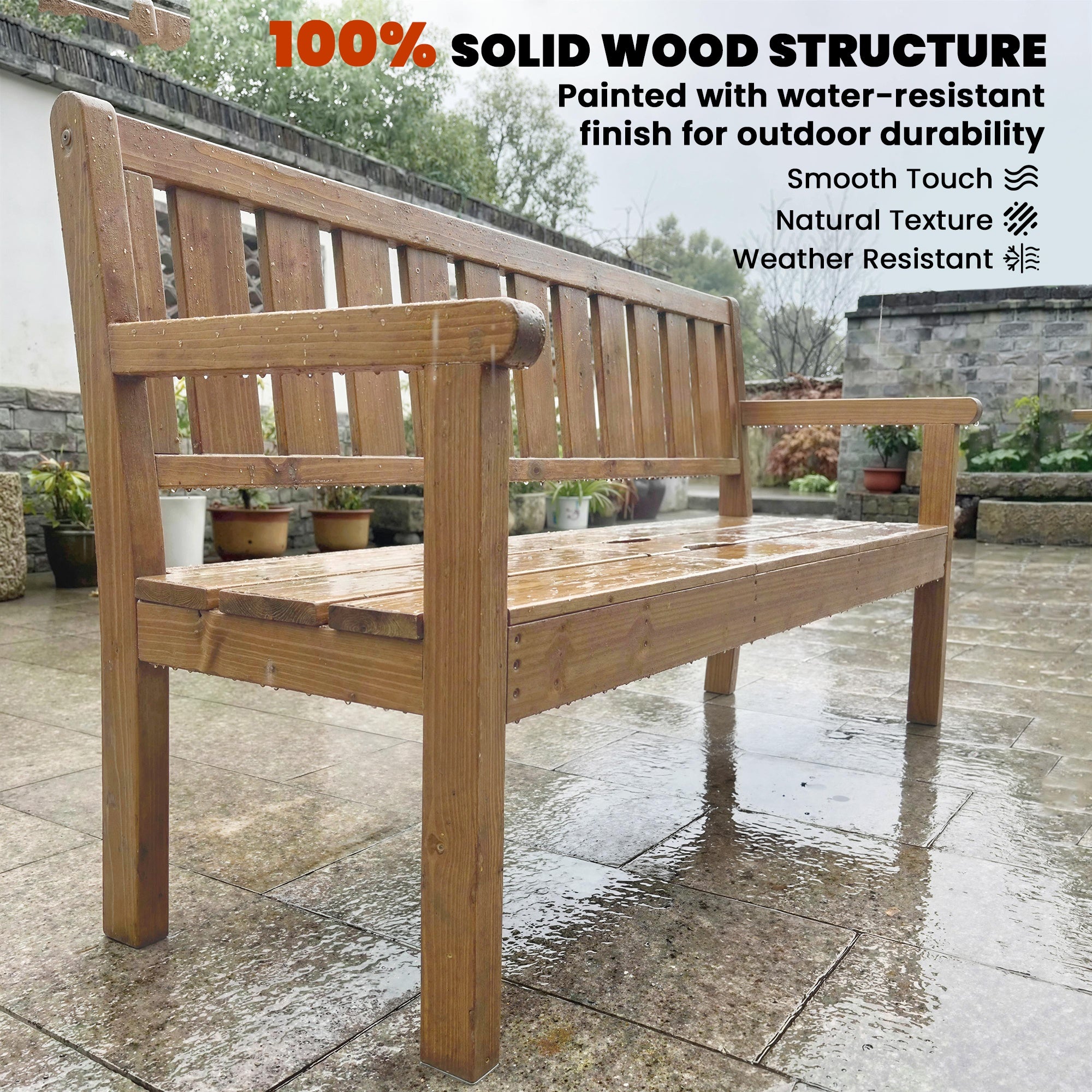 Fir Wood 2 to 3 Seater Garden Bench With Lifetable Table & Shelf - Velmora