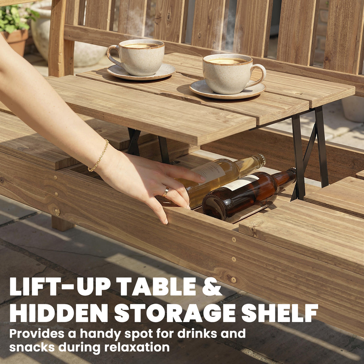 Fir Wood 2 to 3 Seater Garden Bench With Lifetable Table & Shelf - Velmora