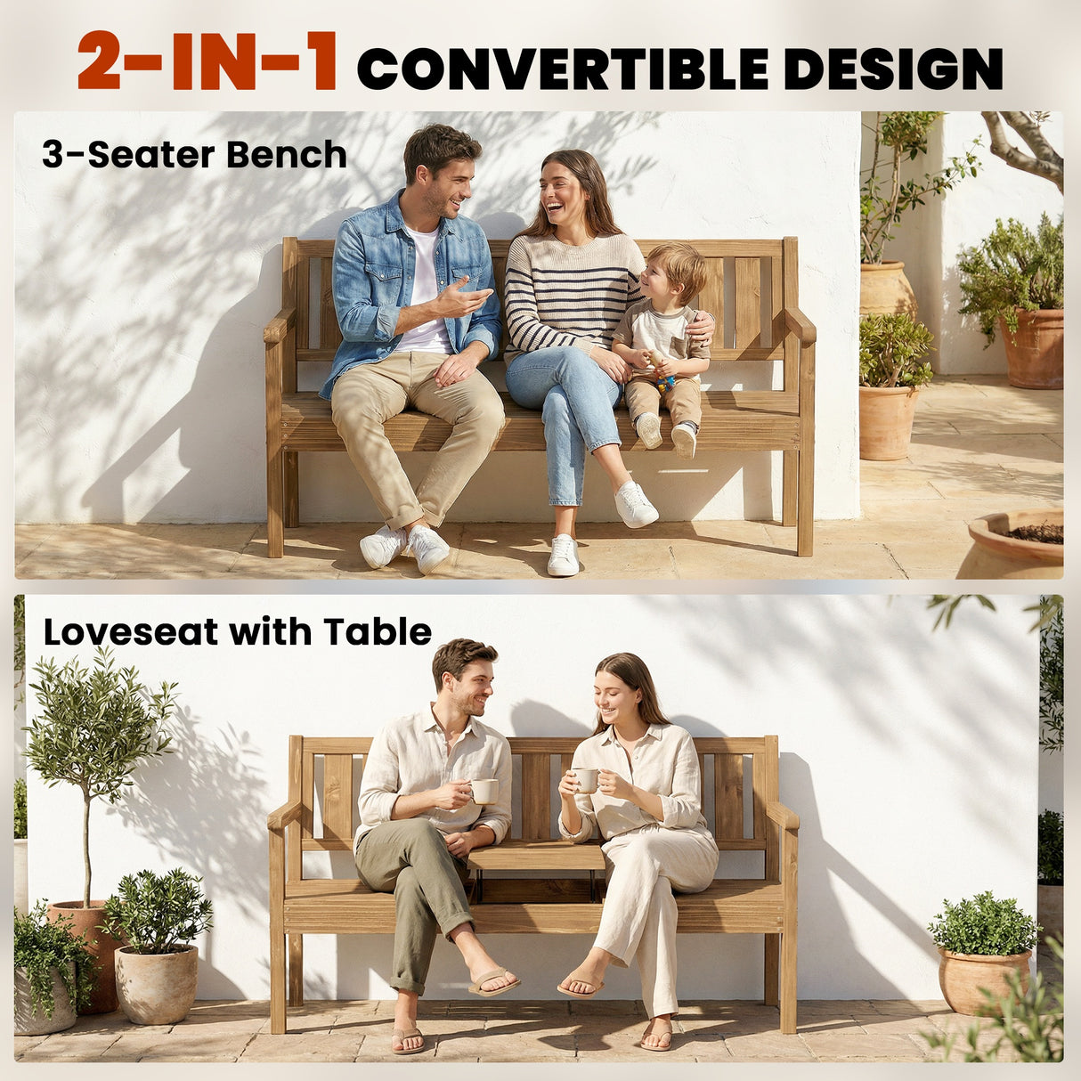 Fir Wood 2 to 3 Seater Garden Bench With Lifetable Table & Shelf - Velmora