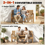 Fir Wood 2 to 3 Seater Garden Bench With Lifetable Table & Shelf - Velmora