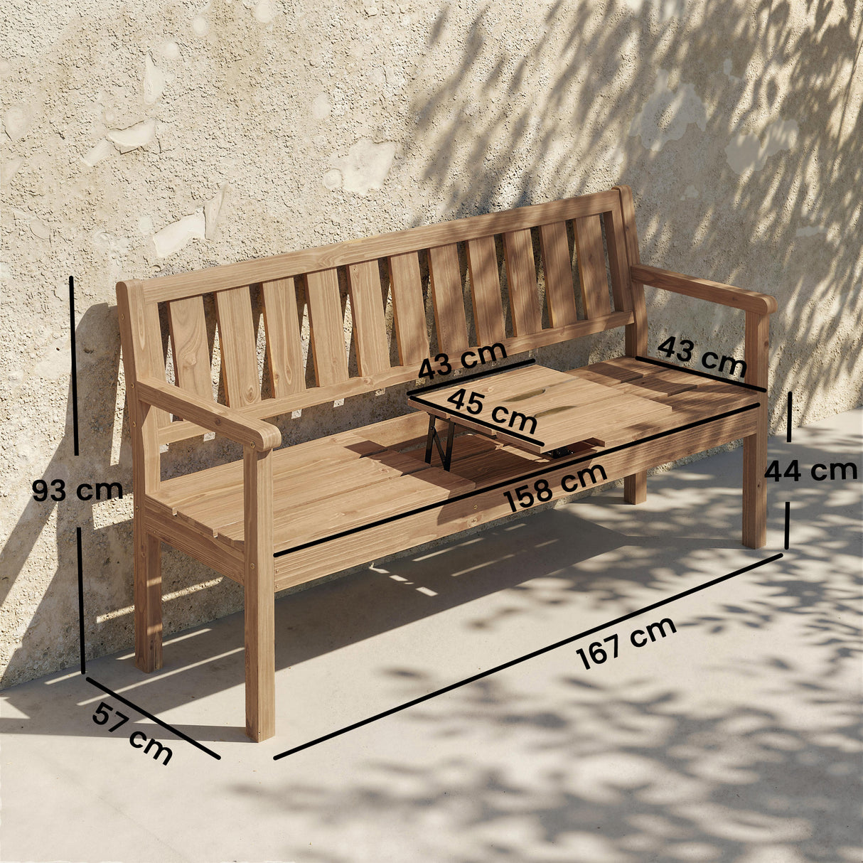 Fir Wood 2 to 3 Seater Garden Bench With Lifetable Table & Shelf - Velmora