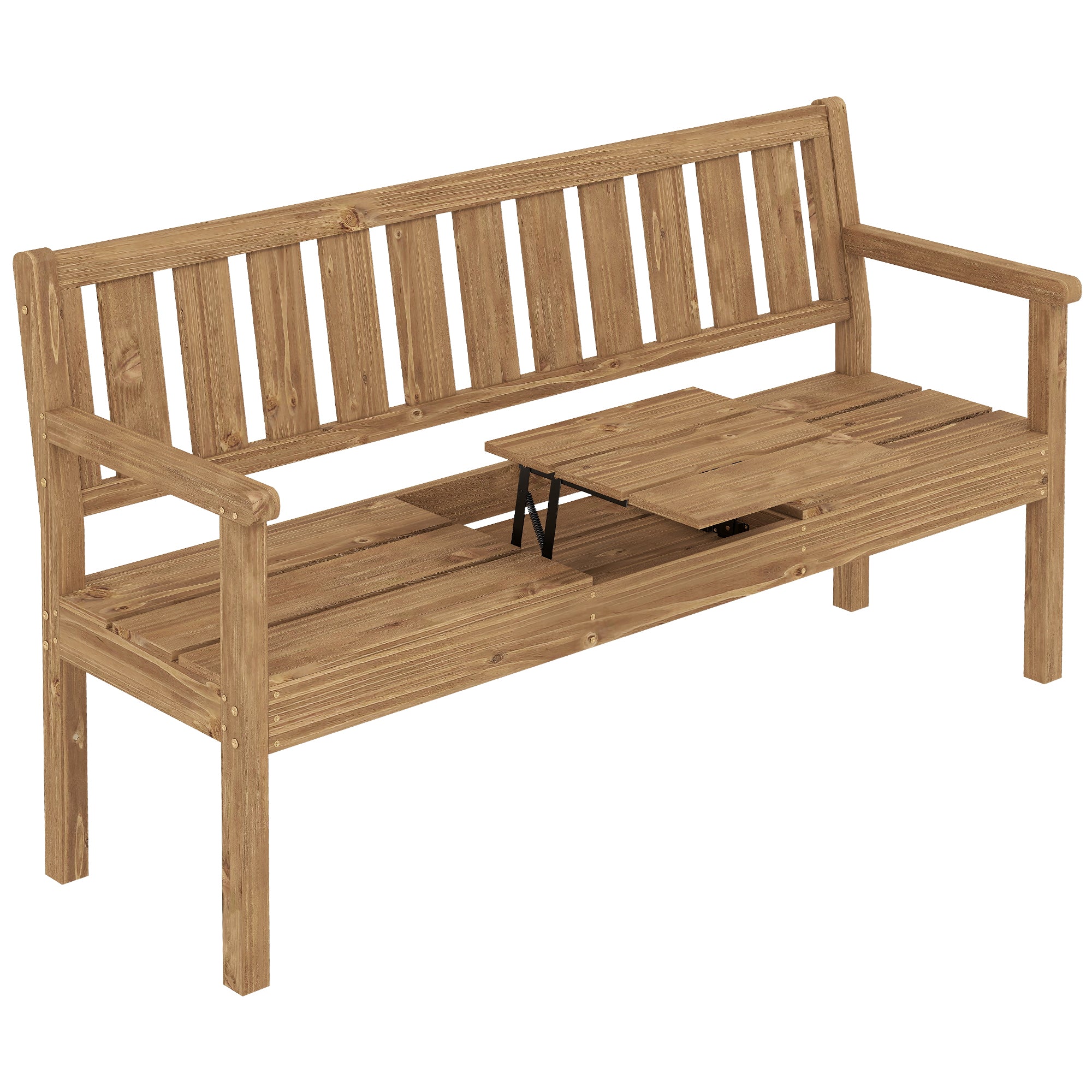 Fir Wood 2 to 3 Seater Garden Bench With Lifetable Table & Shelf - Velmora