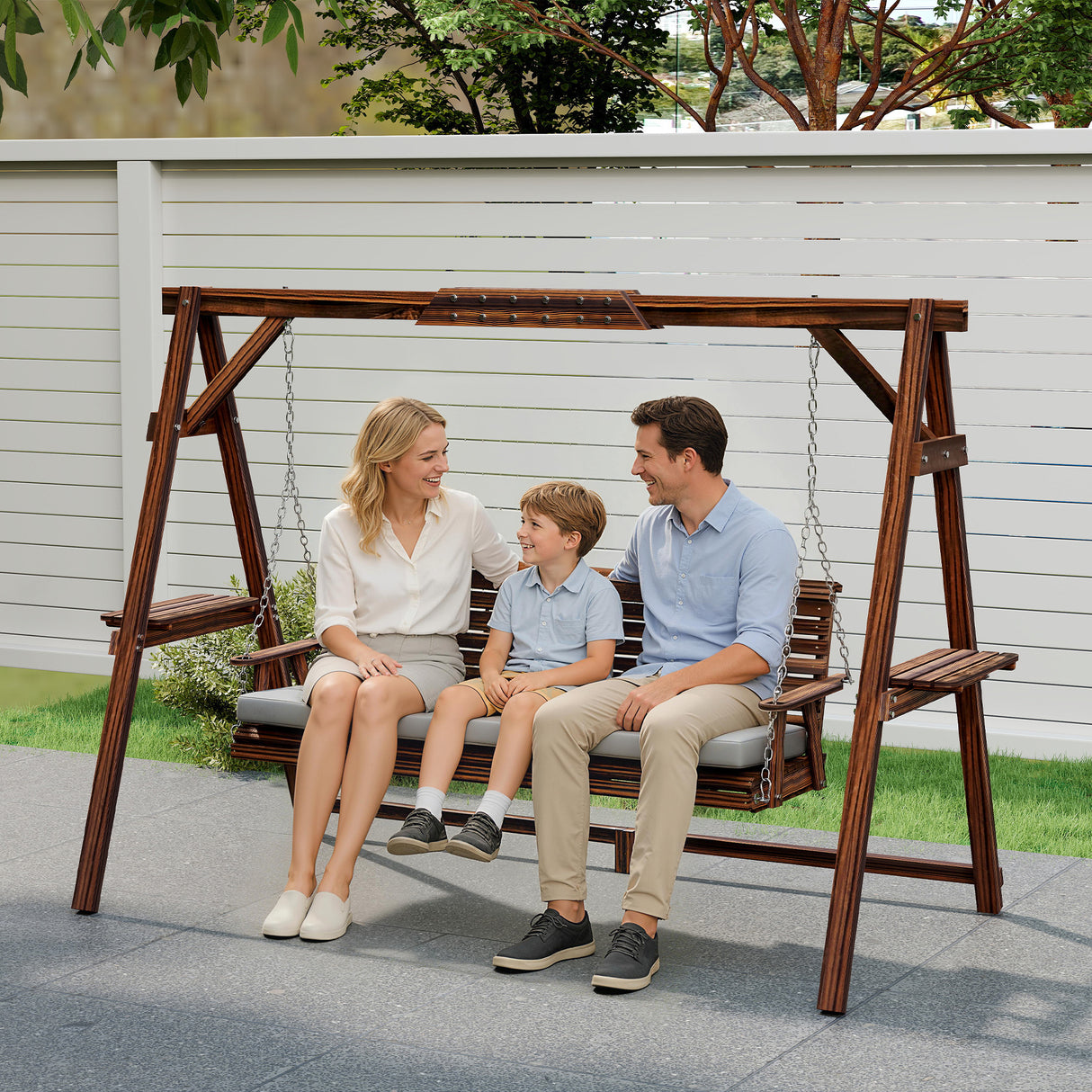 Fir Wood 3 Seater Garden Swing Chair Bench With Side Trays and Metal Chains - Velmora