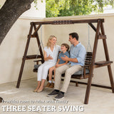 Fir Wood 3 Seater Garden Swing Chair Bench With Side Trays and Metal Chains - Velmora