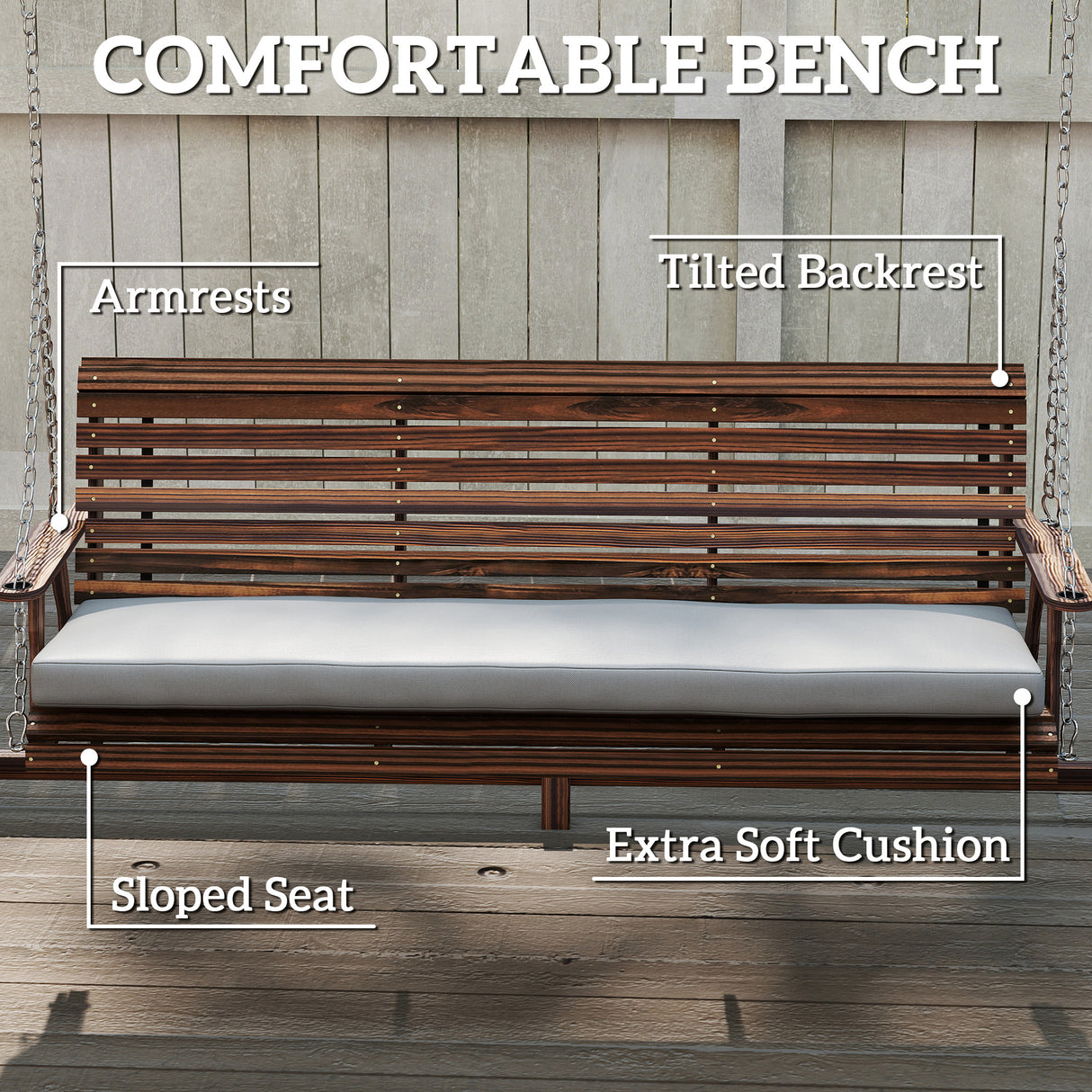 Fir Wood 3 Seater Garden Swing Chair Bench With Side Trays and Metal Chains - Velmora