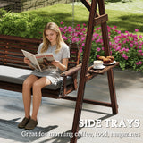 Fir Wood 3 Seater Garden Swing Chair Bench With Side Trays and Metal Chains - Velmora