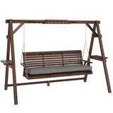 Fir Wood 3 Seater Garden Swing Chair Bench With Side Trays and Metal Chains - Velmora