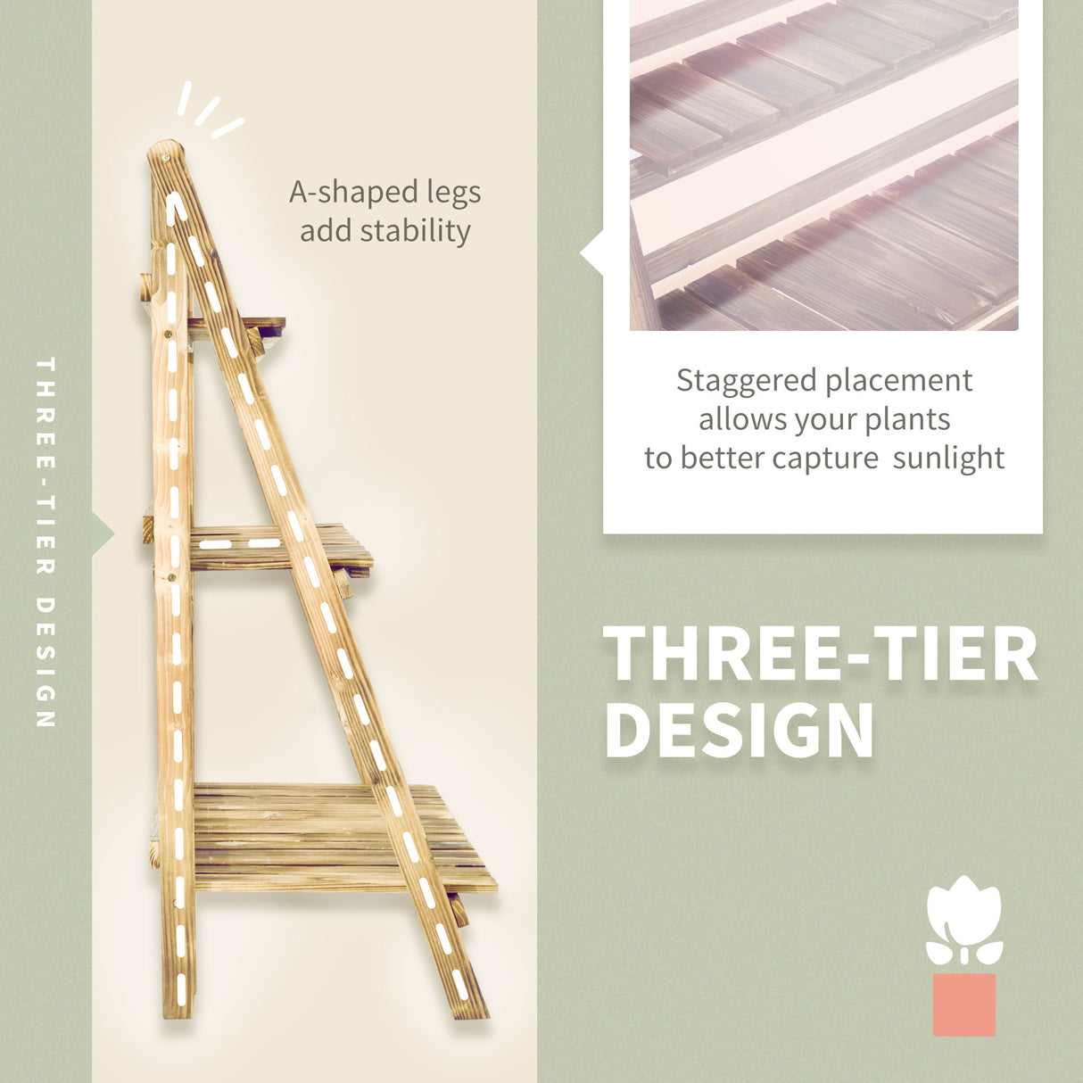 Fir Wood 3 Tier Folding Plant Stand 100cm Wide - Velmora