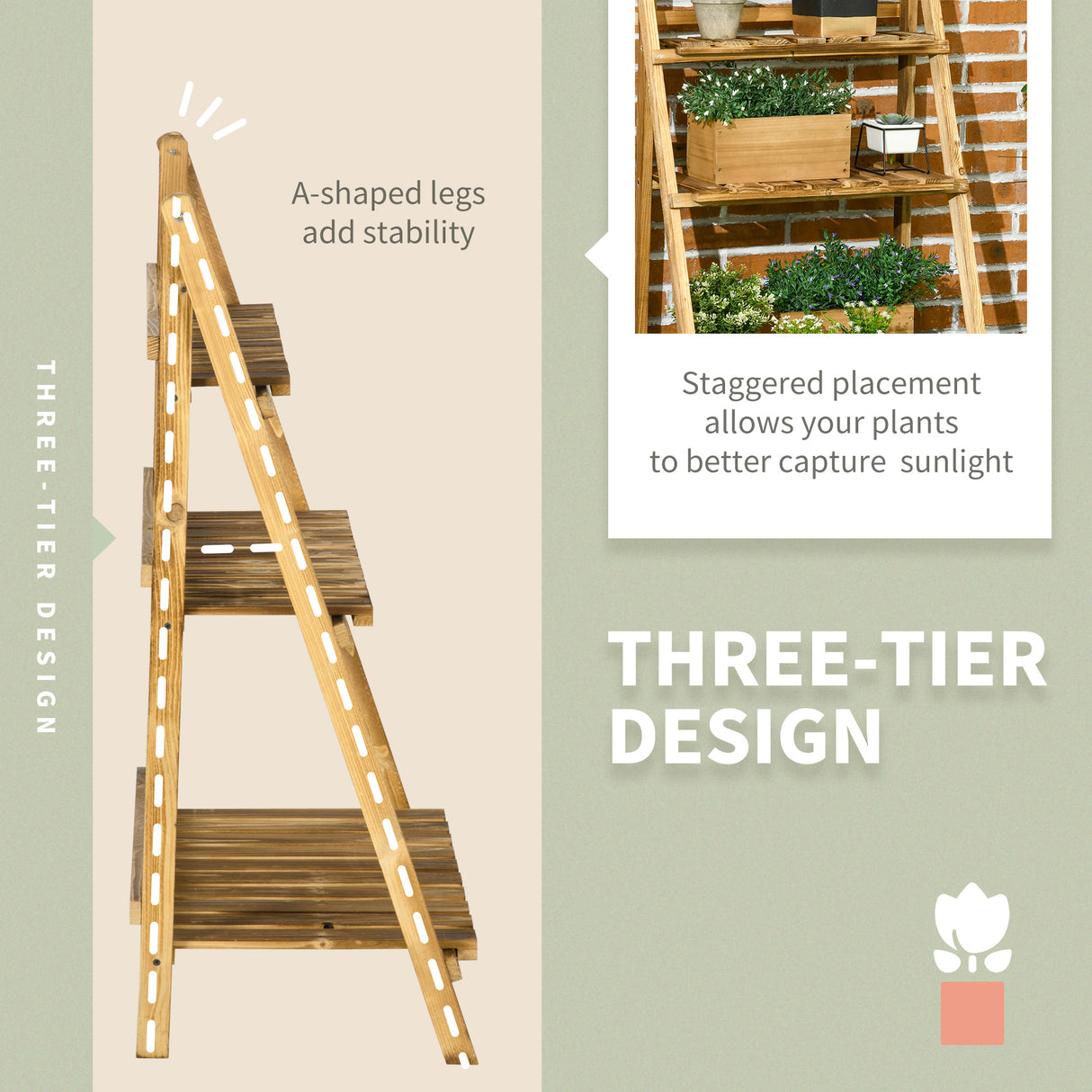 Fir Wood 3 Tier Folding Plant Stand 60cm Wide - Velmora