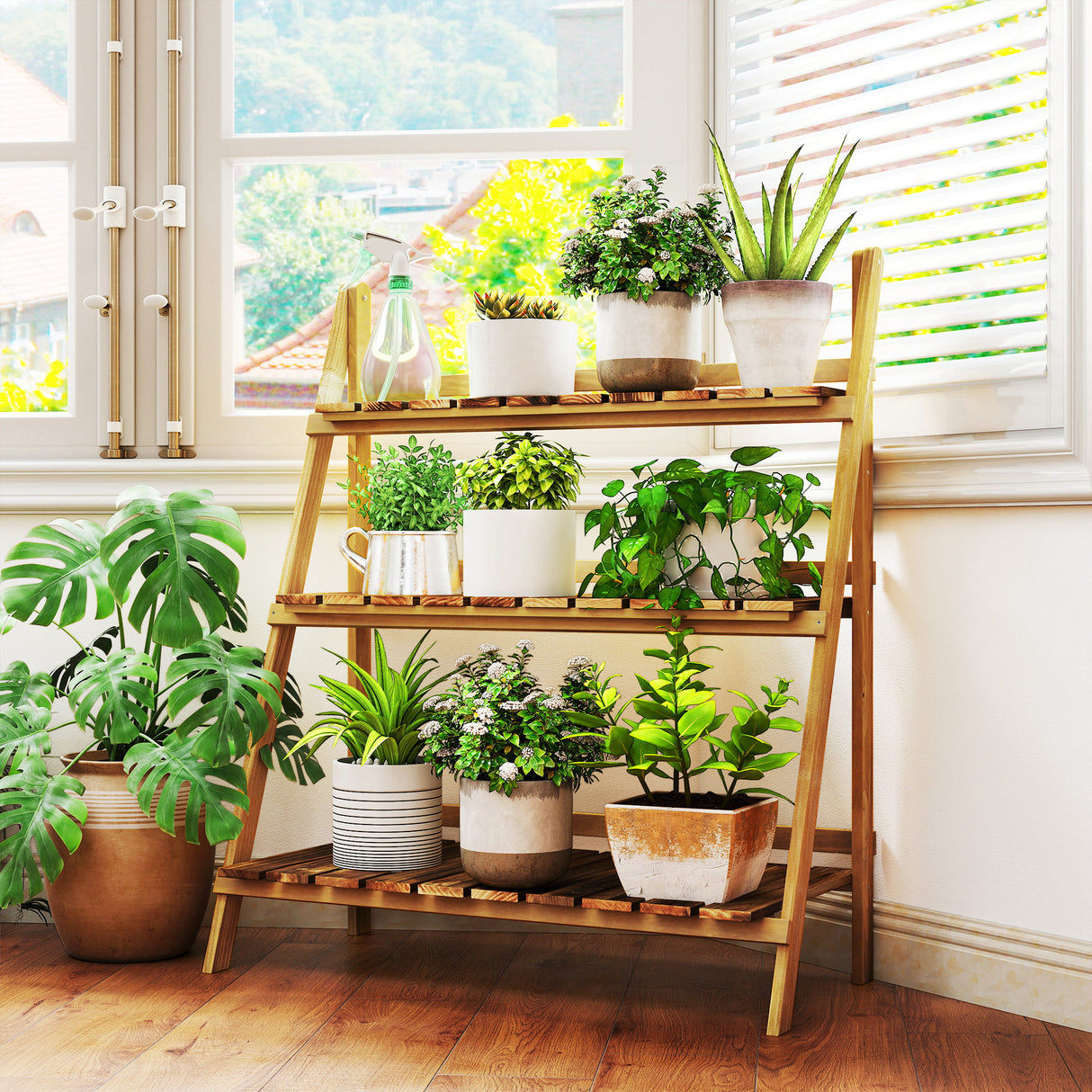 Fir Wood 3 Tier Folding Plant Stand 80cm Wide - Velmora