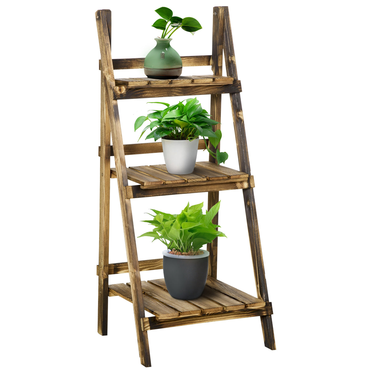 Fir Wood 3 Tier Folding Plant Stand 93cm Wide - Velmora