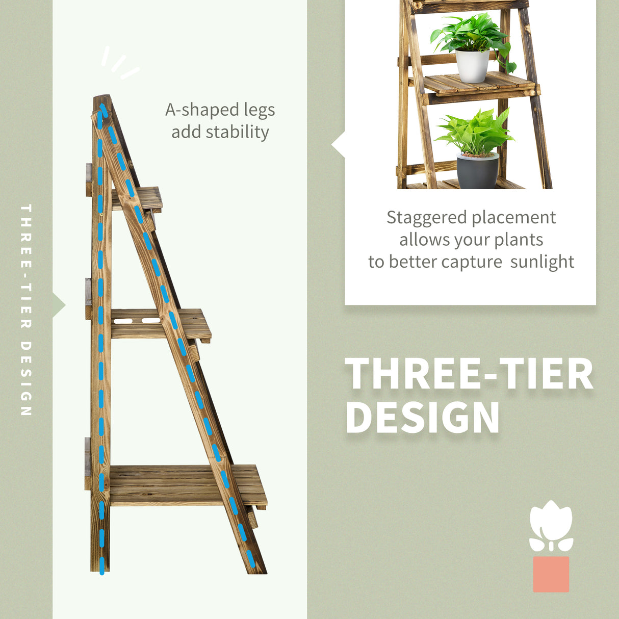 Fir Wood 3 Tier Folding Plant Stand 93cm Wide - Velmora