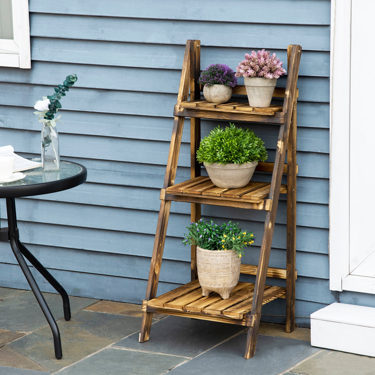 Fir Wood 3 Tier Folding Plant Stand 93cm Wide - Velmora