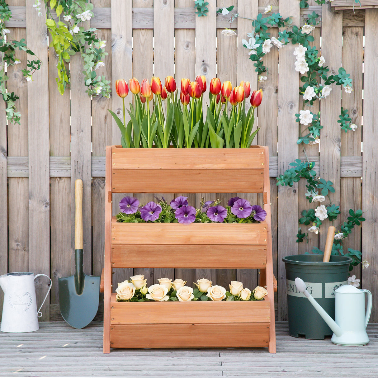 Fir Wood 3 Tier Plant Stand 65cm Wide - Velmora