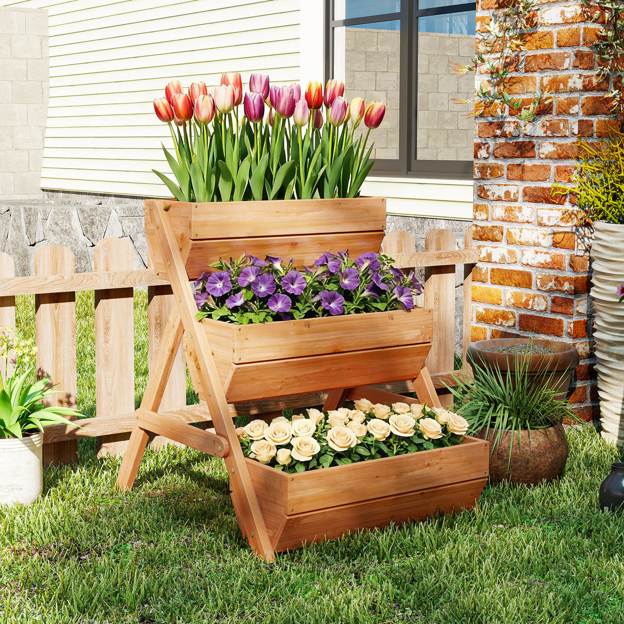 Fir Wood 3 Tier Plant Stand 65cm Wide - Velmora