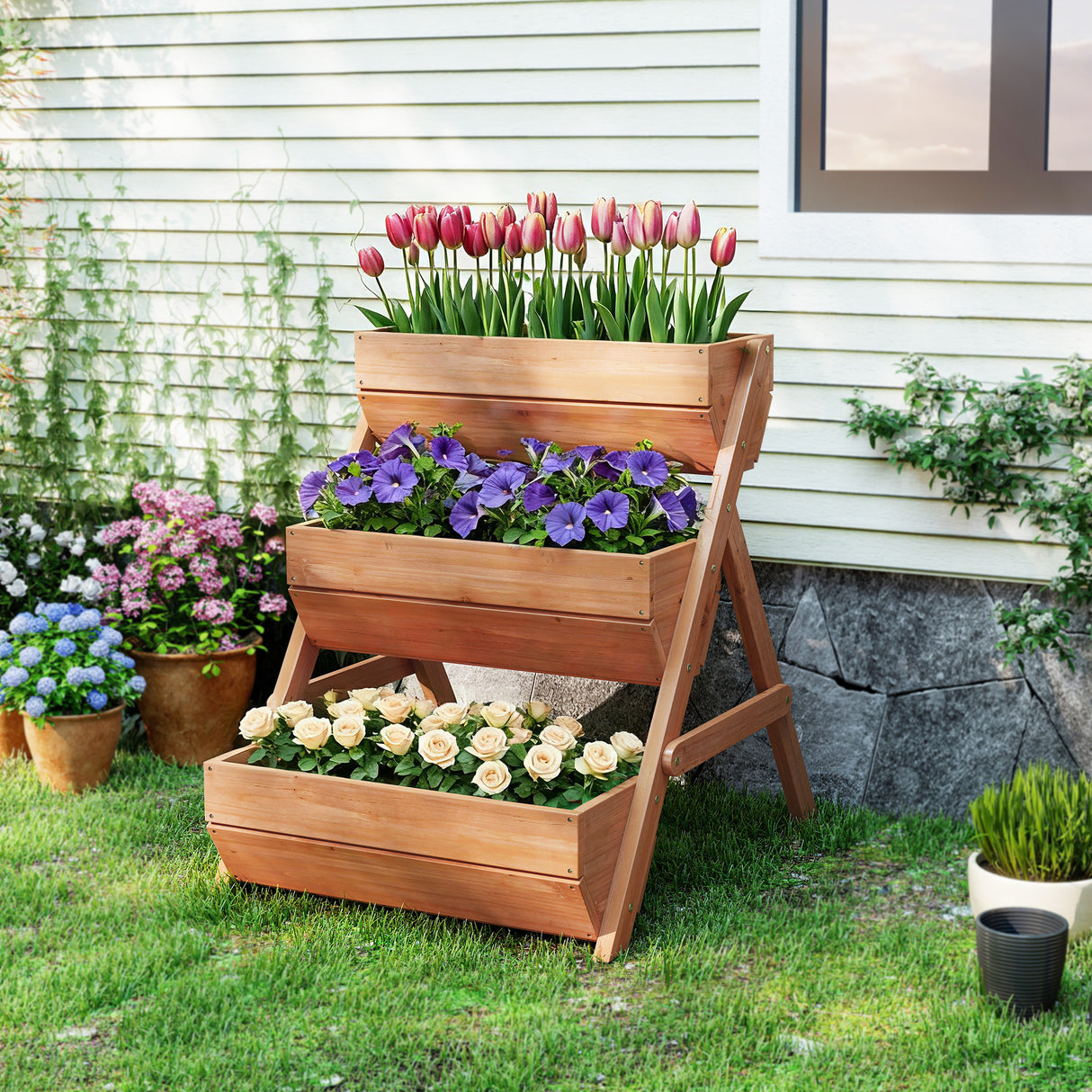 Fir Wood 3 Tier Plant Stand 65cm Wide - Velmora