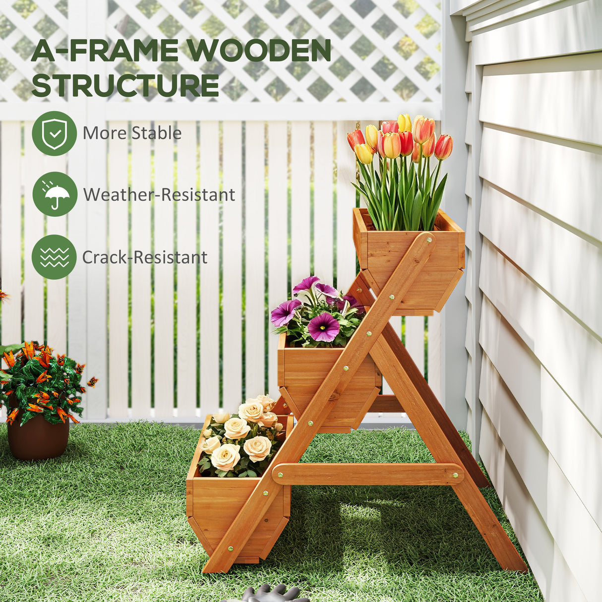 Fir Wood 3 Tier Plant Stand 65cm Wide - Velmora