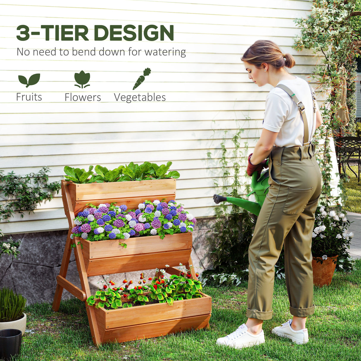 Fir Wood 3 Tier Plant Stand 65cm Wide - Velmora