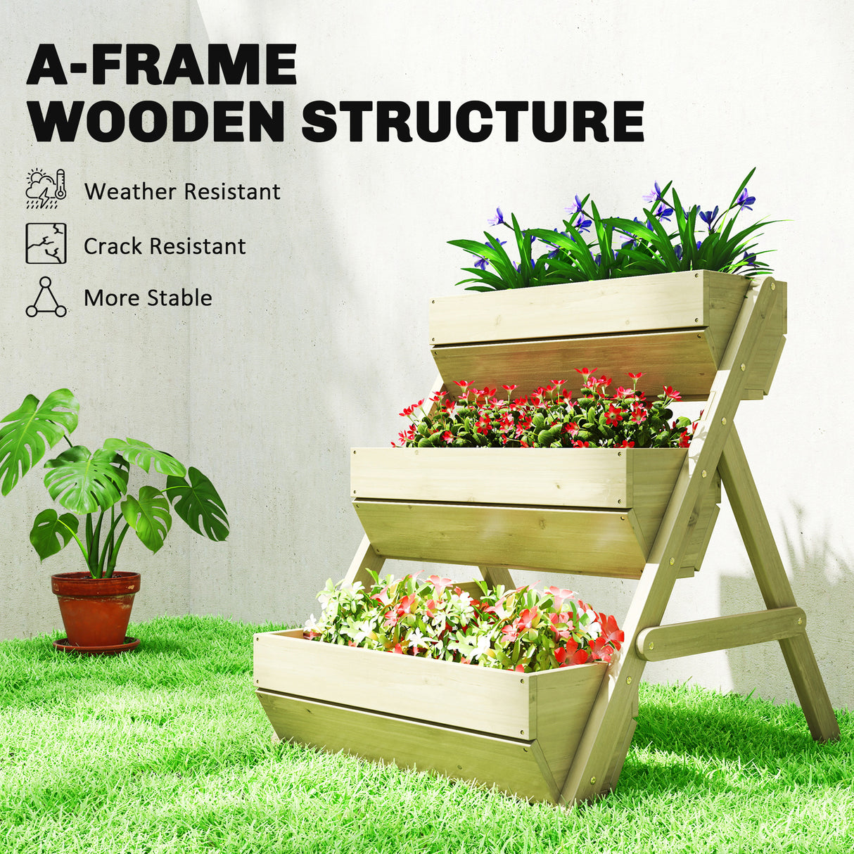 Fir Wood 3 Tier Plant Stand 65cm Wide - Velmora