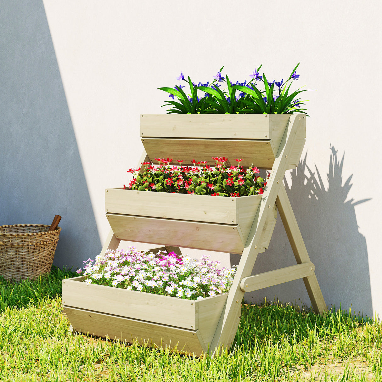 Fir Wood 3 Tier Plant Stand 65cm Wide - Velmora