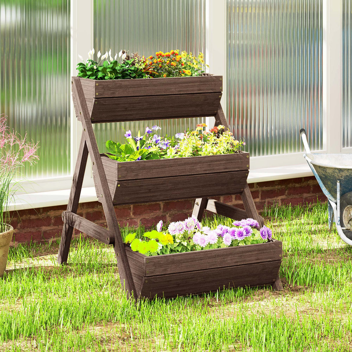 Fir Wood 3 Tier Plant Stand 65cm Wide - Velmora