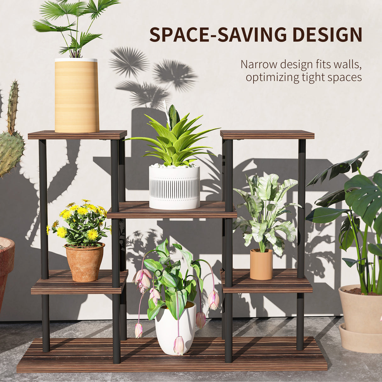 Fir Wood 4 Tier Plant Stand 80cm Wide With Metal Frame - Velmora