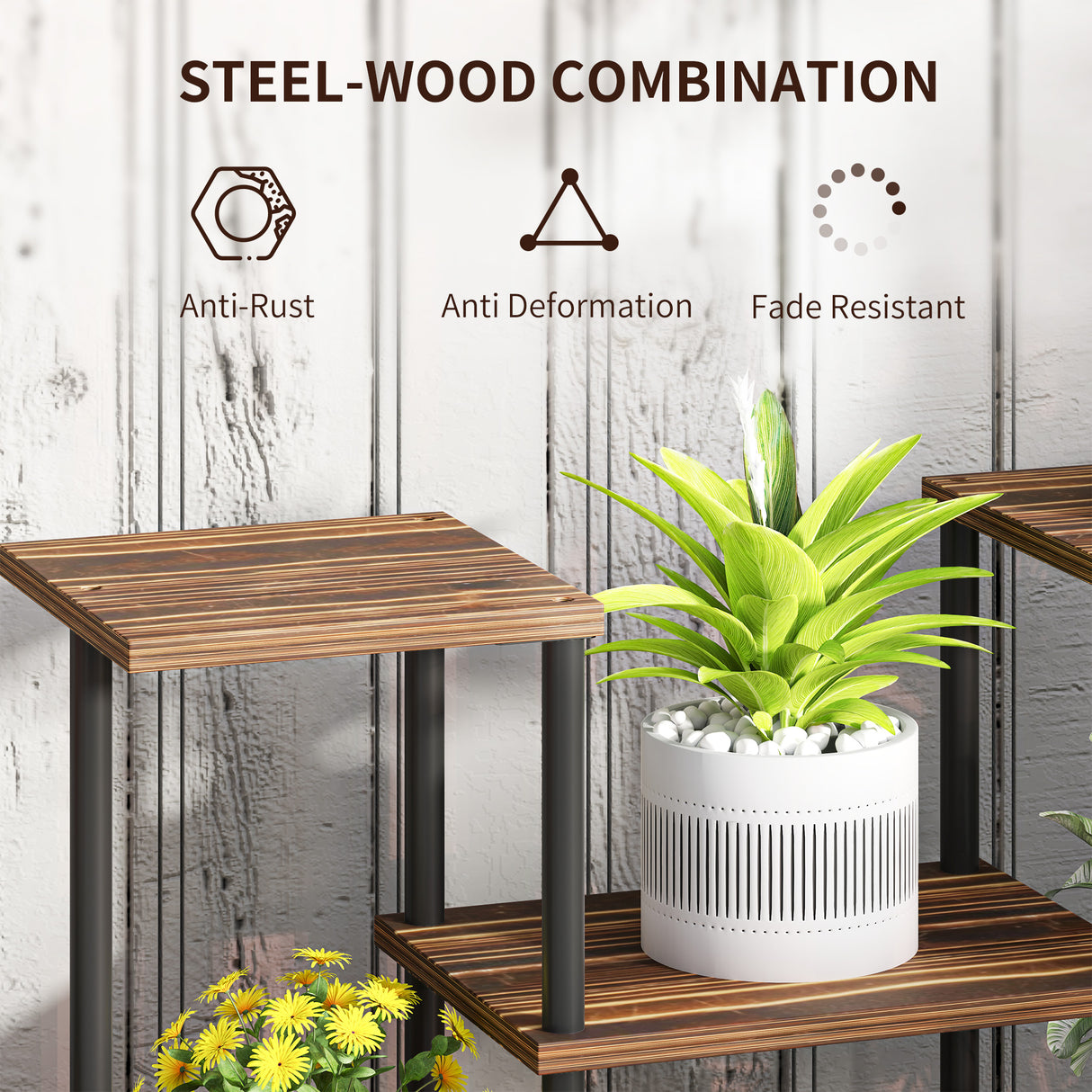 Fir Wood 4 Tier Plant Stand 80cm Wide With Metal Frame - Velmora