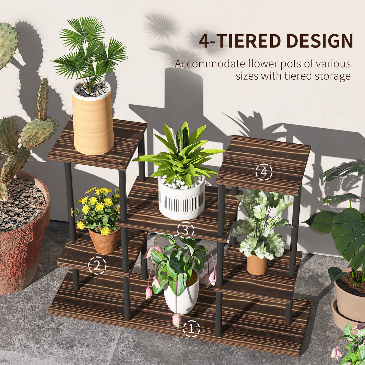 Fir Wood 4 Tier Plant Stand 80cm Wide With Metal Frame - Velmora