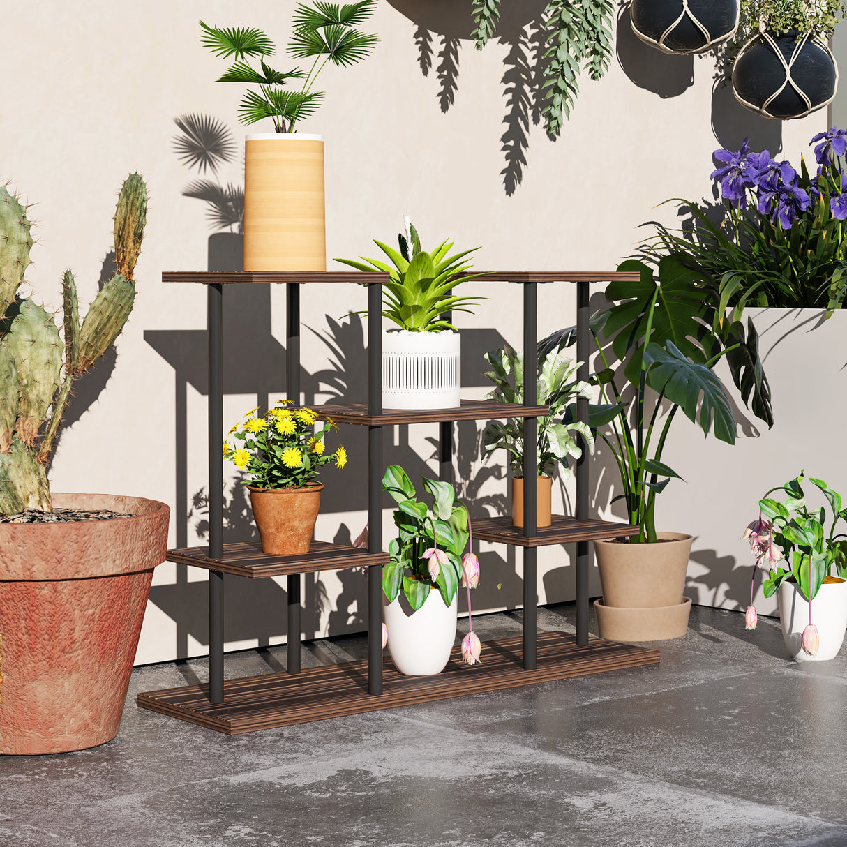Fir Wood 4 Tier Plant Stand 80cm Wide With Metal Frame - Velmora